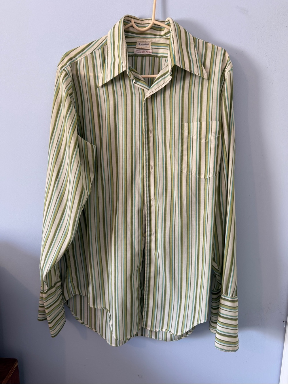 70s Vintage Green Multi-Stripe Long-Sleeve Shirt w/ Wide Collar & French Cuffs